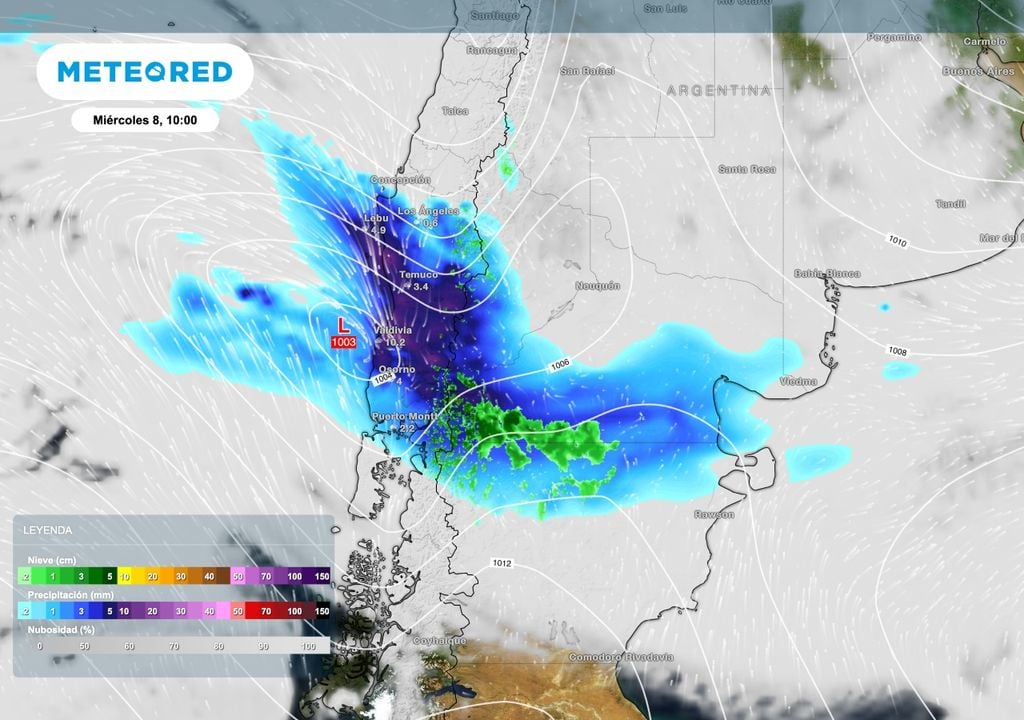 sinoptica DOS Flujo divergente en altura finalmente dará lugar al desarrollo de un sistema de baja presión sobre la cordillera patagónica norte. El desarrollo se profundizará entre jueves y viernes.