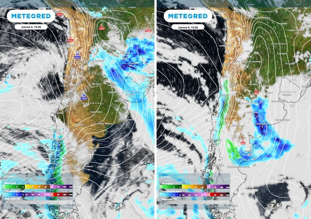 Argentina tiempo pronóstico frío agosto Gran disparidad de escenarios entre el modelo europeo (izquierda) y el GFS (derecha) para la tarde del próximo jueves 6.