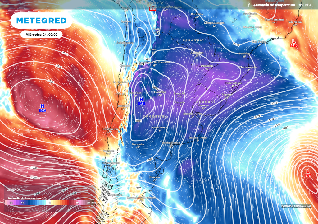 Tiempo Argentina pronóstico Fuerte irrupción fría en Argentina desde este fin de semana, intensificándose hacia el martes y miércoles.