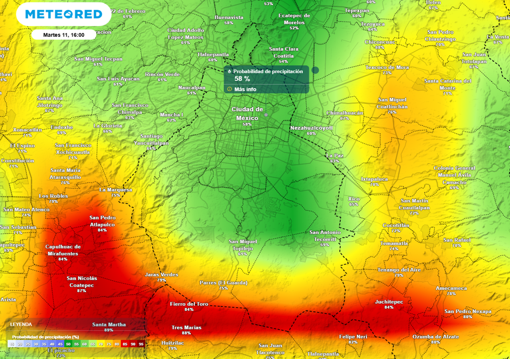 lluvia En las alcaldías del centro, norte y oriente la probabilidad máxima de lluvia oscilará entre el 40 y 55 %.