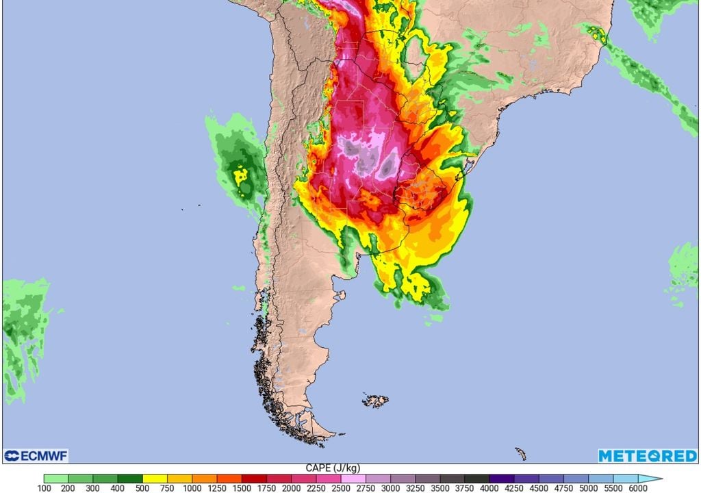 Buenos Aires AMBA pronóstico tiempo alerta tormentas fuertes severas granizo El índice CAPE estimado da cuenta de la elevada inestabilidad que presentará el viernes la masa de aire alojada sobre el centro y noreste de Argentina.