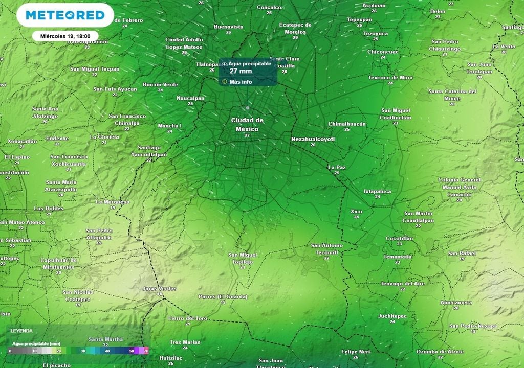 Esta tarde de miércoles el acumulado máximo de lluvia podría rebasar los 25 mm de manera puntual. En área de tormenta se registrarán fuertes rachas de viento.