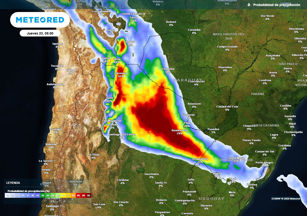 Probabilidad de precipitaciones durante el próximo jueves según mapas propios basados en nuestro modelo de confianza ECMWF