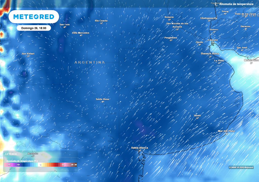 Anomalía de temperatura prevista para el próximo domingo según el modelo ECMWF