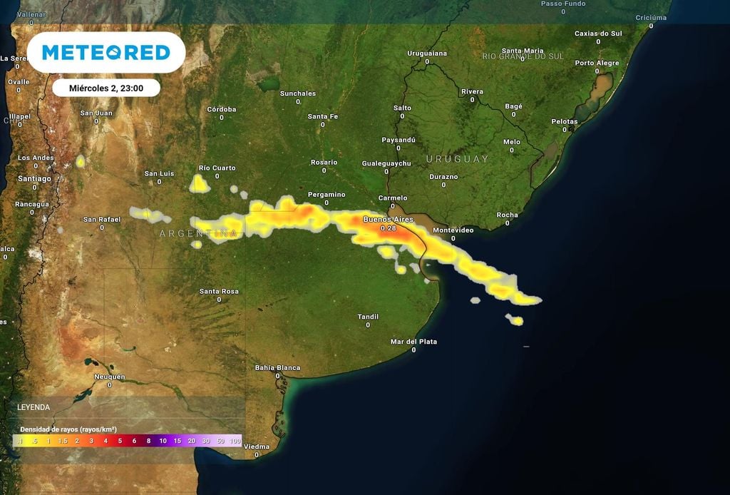 Mapa densidad de rayos El mapa de densidad de rayos de Meteored de esta noche, marca la posiciòn del frente frìo avanzando hacia el norte