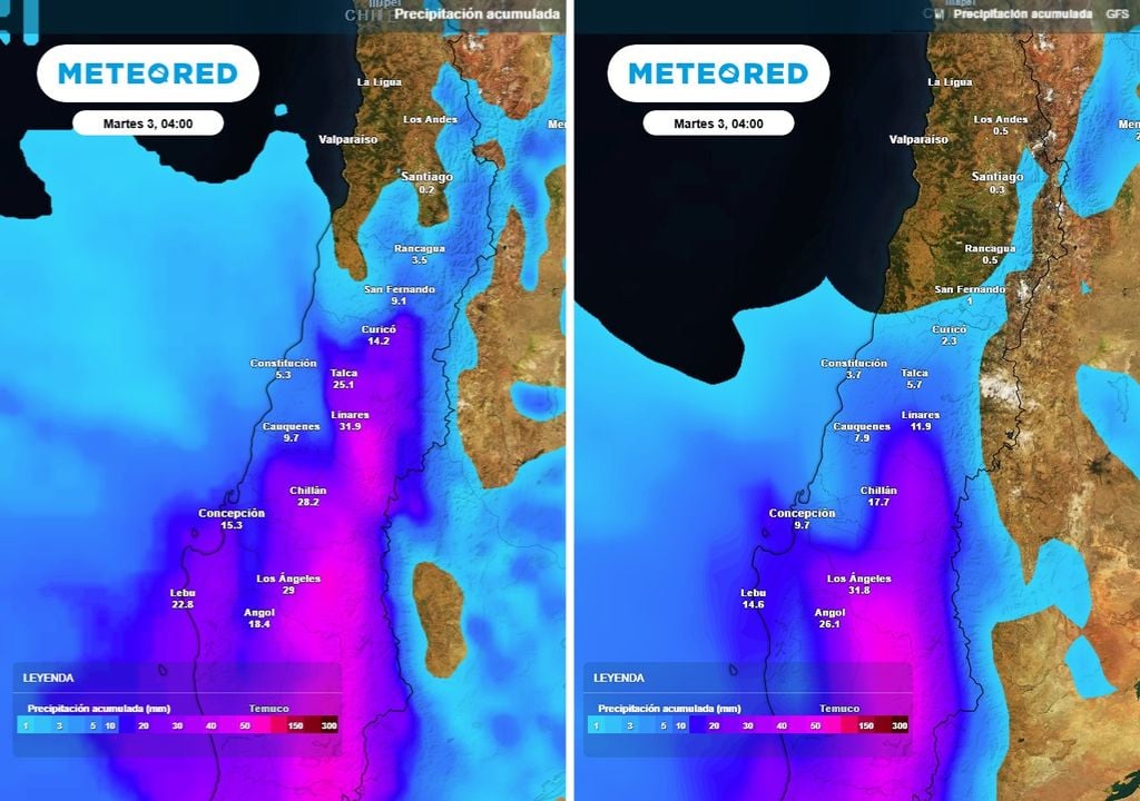 Los modelos no coinciden completamente en la extensión de las lluvias: el ECMWF extiende las precipitaciones hasta la Región Metropolitana, mientras que el GFS concentra los mayores montos entre O’Higgins y el Maule.
