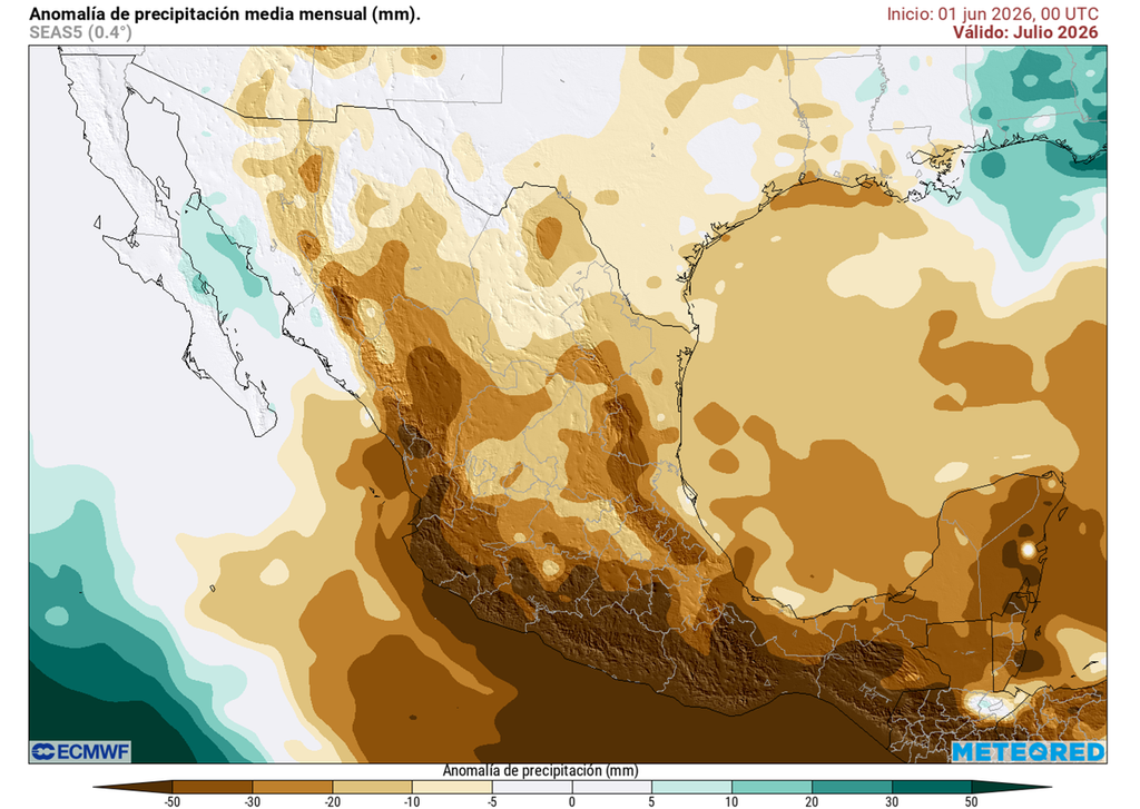 El modelo ECMWF indica menos cantidad de lluvias durante julio en México, sin embargo, tendremos periodos muy lluviosos con inundaciones.