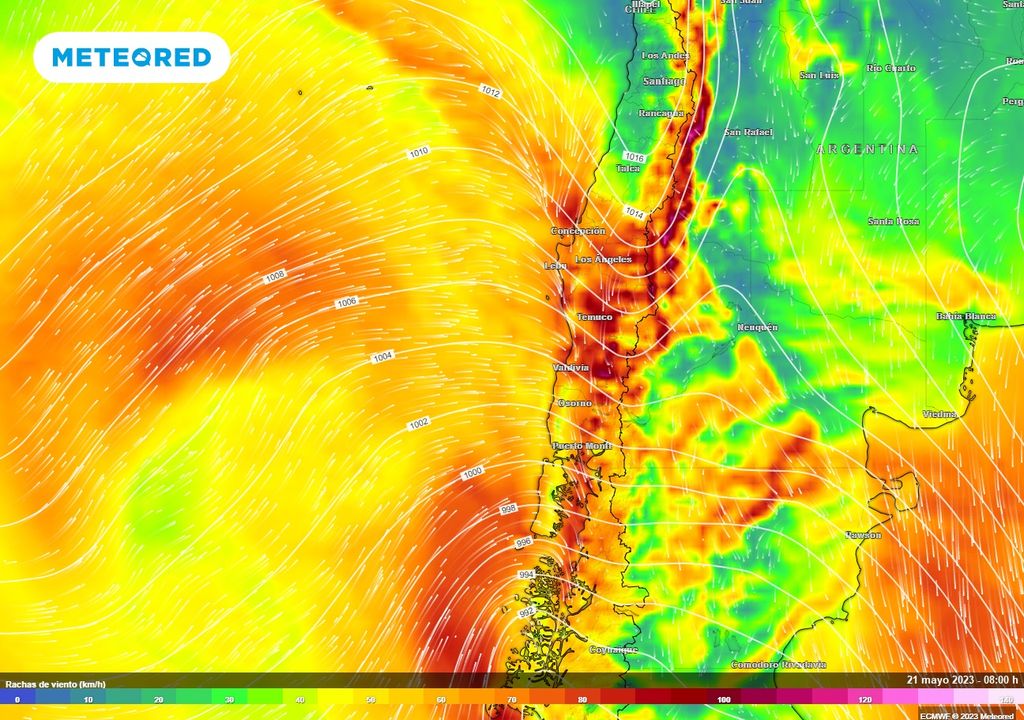 Rachas de viento previstas; modelo ECMWF