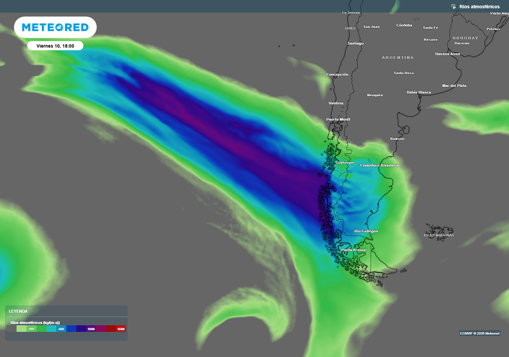 Un intenso flujo de vapor alimentará un sistema frontal que se moverá por la zona austral y sur de Chile. Hay posibilidades que el frente alcance la parte más sur de la zona central.