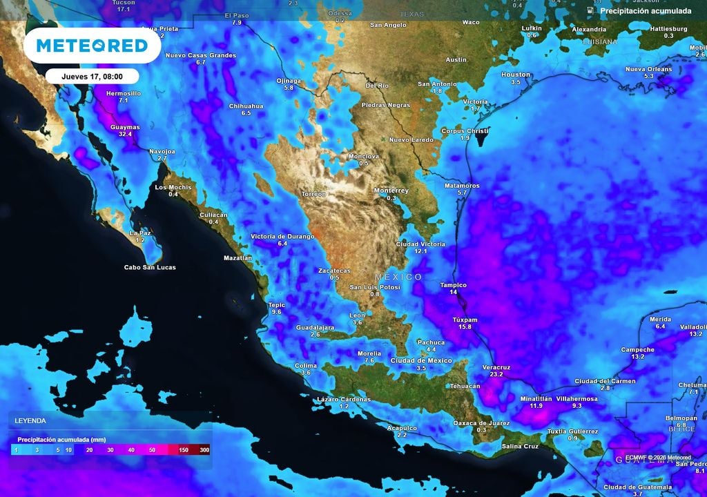 Pronóstico de lluvias acumuladas en milímetros Las lluvias se concentrarán en el Golfo de México y región noroeste con 50-70 mm o más, disminuyendo en el resto del país.