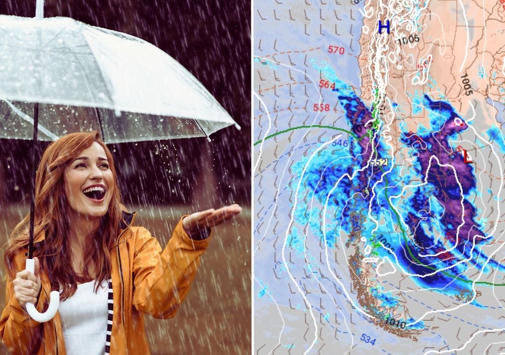 modelo de pronóstico al lado de una chica con paraguas, bajo la lluvia