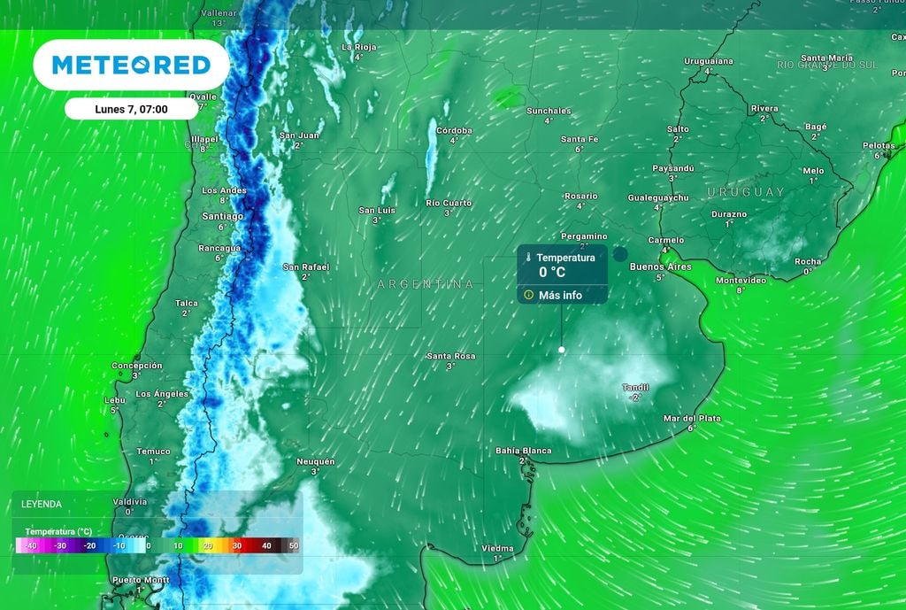 Temperaturas lunes Temperaturas en la madrugada del lunes: será el día con las mínimas más bajas del evento, con heladas generalizadas en el centro del país.