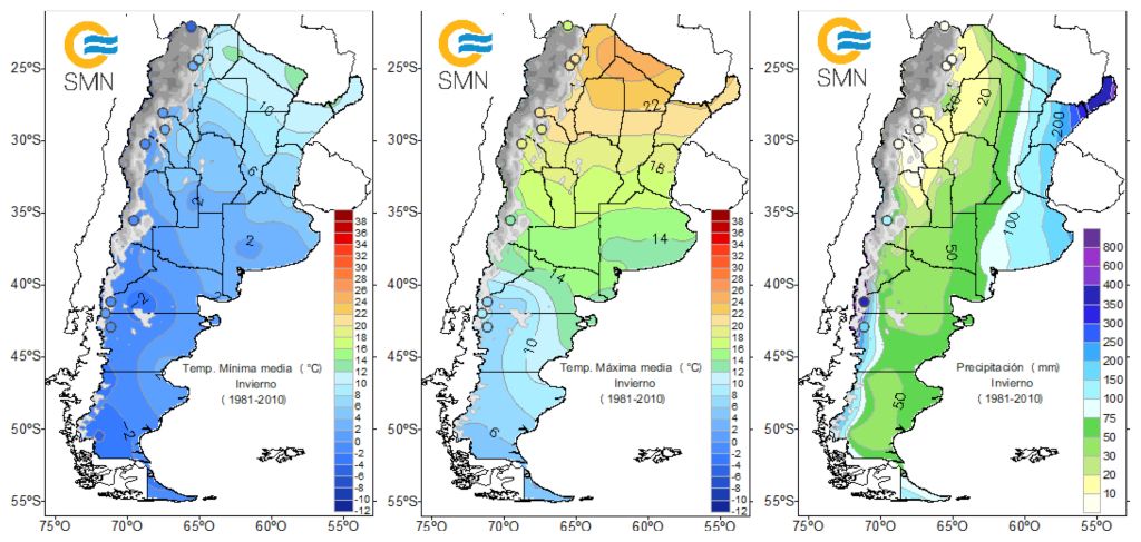 Temperatura mínima media, temperatura máxima media y precipitación media del invierno