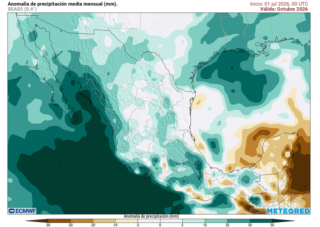 Anomalía de precipitaciones en milímetros para octubre Al final del verano, durante otoño e invierno, las precipitaciones pueden ser abundantes por periodos en gran parte de México por ciclones y sistemas invernales, enfriándose el ambiente.