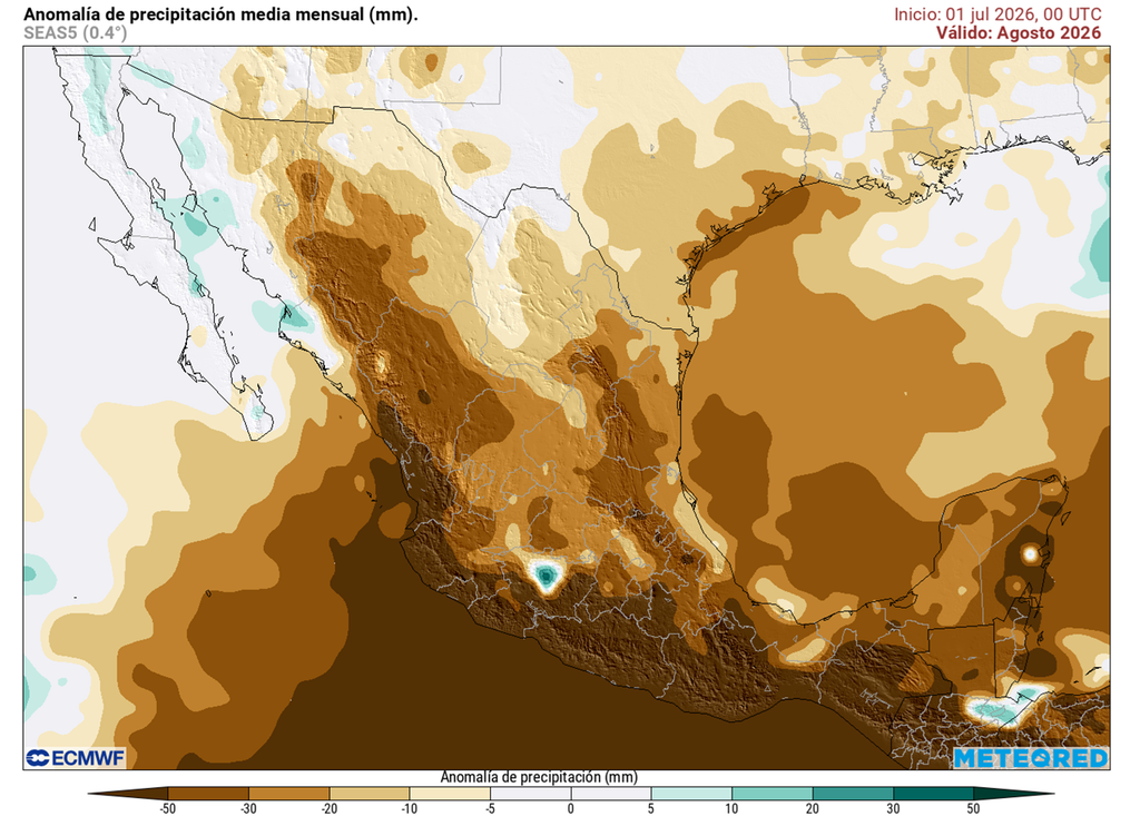 Anomalía de precipitaciones durante agosto de 2026 Déficit de lluvias en el sureste, oriente, centro, Pacífico sur y noreste es clásico entre julio y agosto, conocido como Canícula; las lluvias son más ocasionales y aumenta calor.