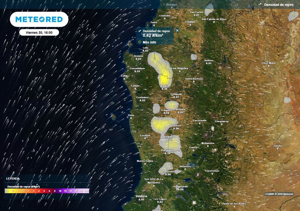 Densidad de rayos (#/km2) para la tarde del viernes 20 de marzo 2026 en las regiones de Biobío y La Araucanía.