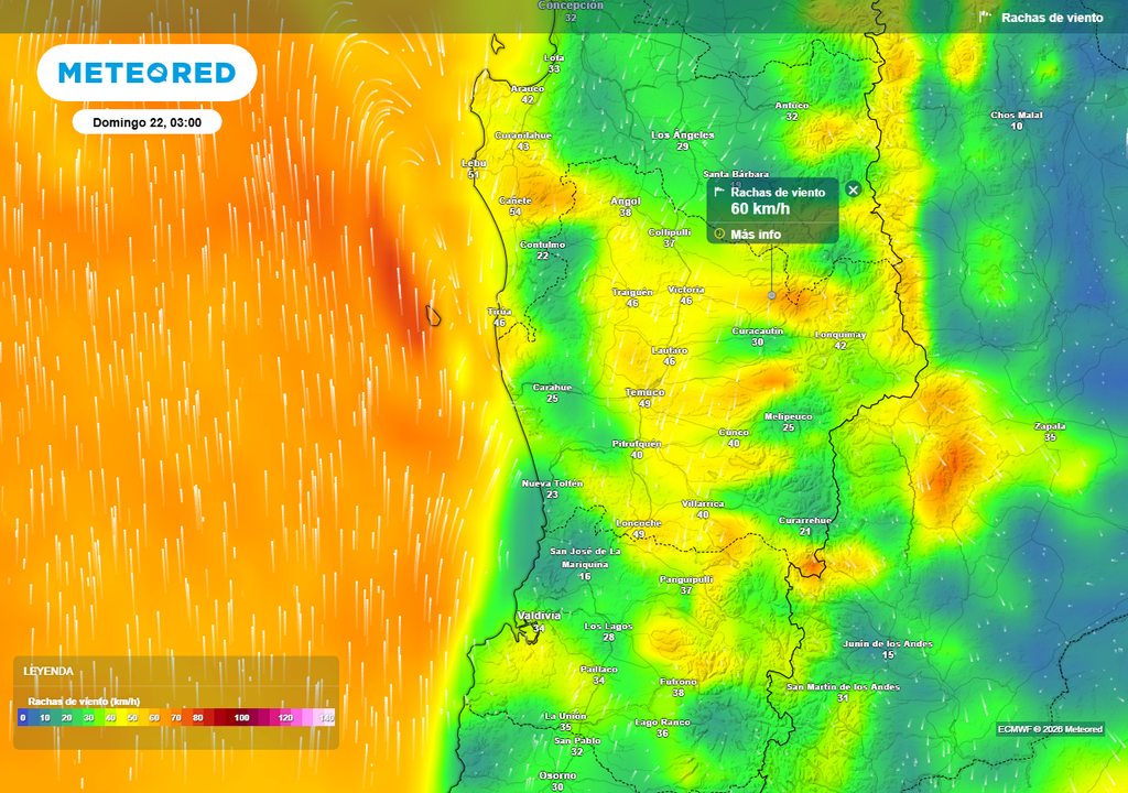 Rachas de viento (km/h) para la madrugada del domingo 22 de marzo 2026 en las regiones de Biobío, La Araucanía y Los Ríos.