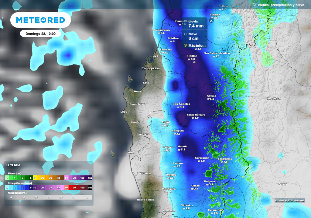 Precipitación (mm) para la mañana del domingo 22 de marzo 2026 en las regiones de Ñuble, Biobío y La Araucanía.