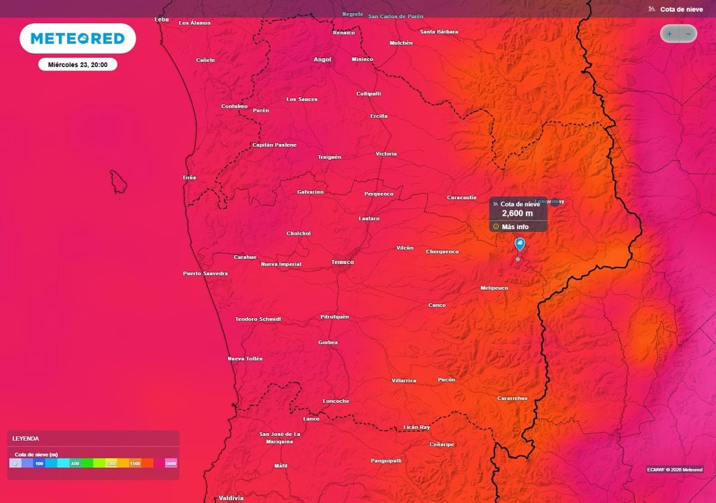 cota de nieve La isoterma cero se ubicará por sobre los 2.500 m, por lo que la lluvia caerá en una gran parte de la superficie de la cordillera de la Región de La Araucanía.