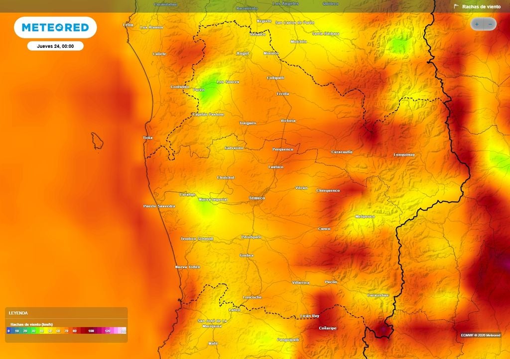 rachas de viento previstas El viento también será un factor que causará preocupación durante el paso del próximo sistema frontal. En La Araucanía, el viento soplará con rachas de 70 a 90 km/h en la noche del miércoles 23 de septiembre.