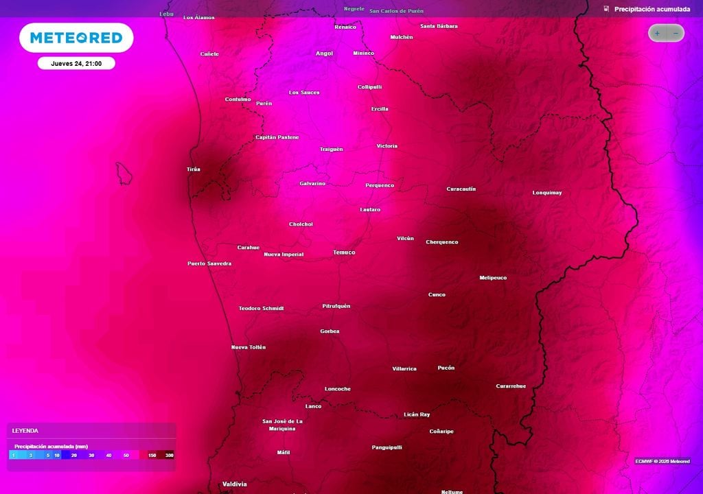 precipitación acumulada La cordillera de los Andes, la cordillera de la costa y el tramo sur de la Región de La Araucanía espera acumulados que podrían sumar más de 120 mm entre el miércoles 23 y el jueves 24 de septiembre.