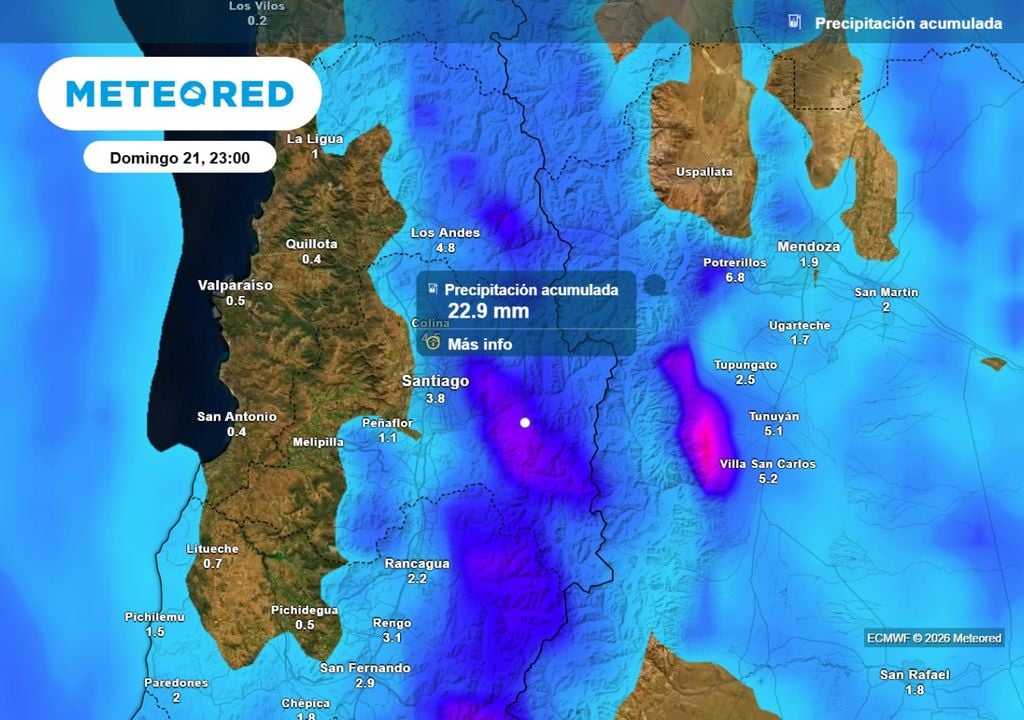 Precipitación acumulada Entre jueves y domingo el ECMWF indica acumulados en torno a los 3 mm en Santiago, sin embargo, los registros en la cordillera serían muy superiores.
