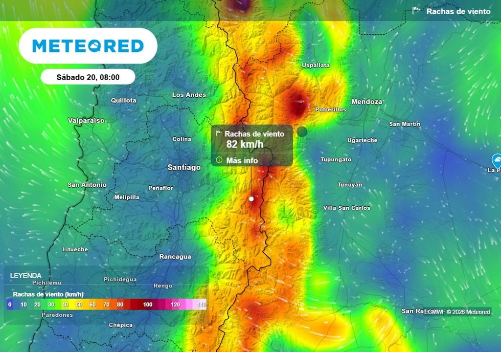 Rachas Zonas altas, al interior de La Cordillera de los Andes presentarán fuertes rachas de viento este fin de semana.