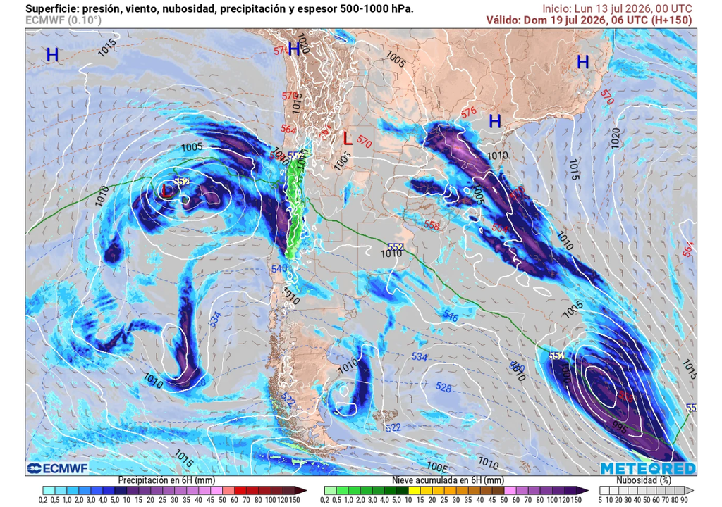 carta de presión en superficie y precipitaciones Este domingo arribaría un cuarto sistema frontal que aportará más lluvias a la zona central.
