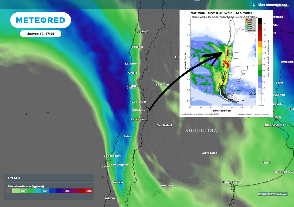 mapa de río atmosferico Se prevé el impacto de un río atmosférico categoría 5 entre O'Higgins y Coquimbo, dejando grandes afectaciones por las cantidades de agua esperadas.