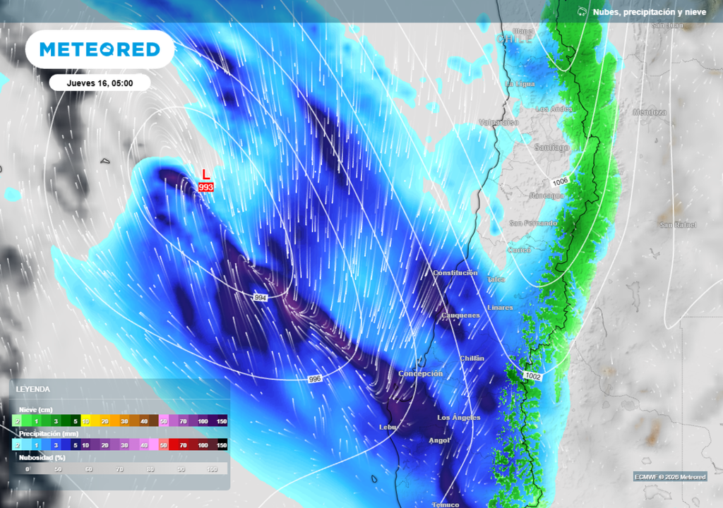 mapa de precipitaciones El jueves continuarán y se reforzarán las precipitaciones en las localidades comprendidas entre el Biobío y el Maule.
