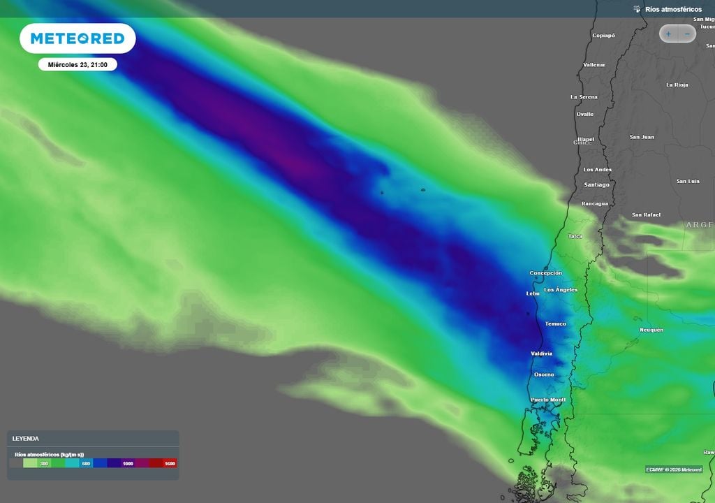 Río atmosférico previsto El río atmosférico impactará con su mayor intensidad entre las regiones del Ñuble y de Los Lagos.