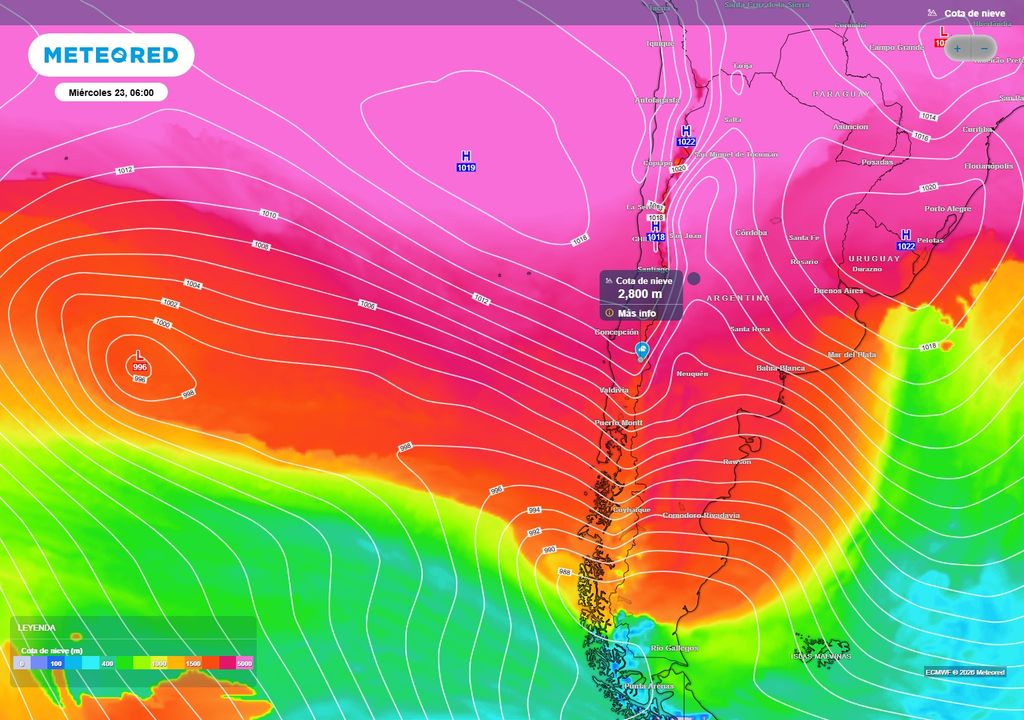 cota de nieve La cota de nieve estará alta con el paso del próximo sistema frontal. Esto implicará en lluvias sobre gran parte de la cordillera, lo que aumentará rápidamente los caudales de los ríos del sur de Chile.