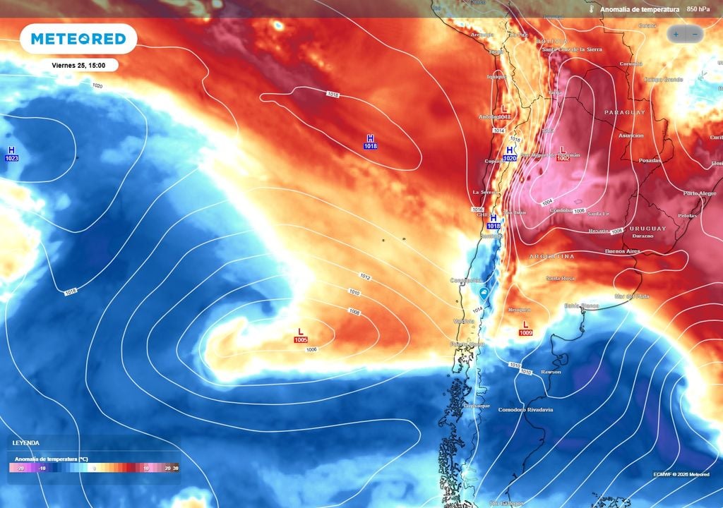 anomalías de temperaturas en el nivel de 850 hPa El viernes 25, el aire frío comenzará a mezclarse con el aire cálido, por lo que la isoterma cero grados descenderá en el sur y la zona central. La masa de aire cálido seguirá presente sobre el norte del país.