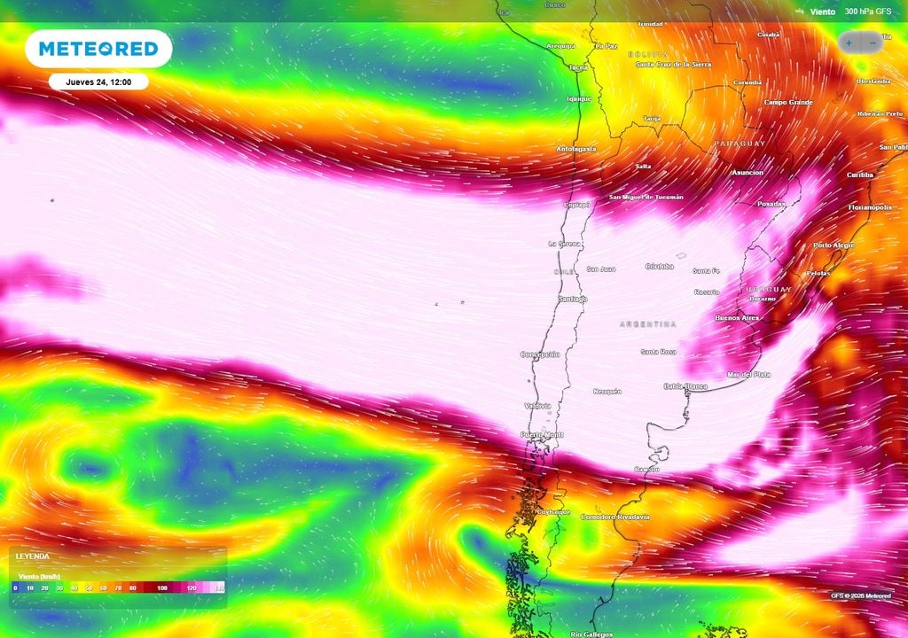 Corriente en chorro La corriente el chorro estará transportando el vapor de agua del río atmosférico. También será responsable por acelerar el viento en la cordillera y dejar viento arrachado en superficie.