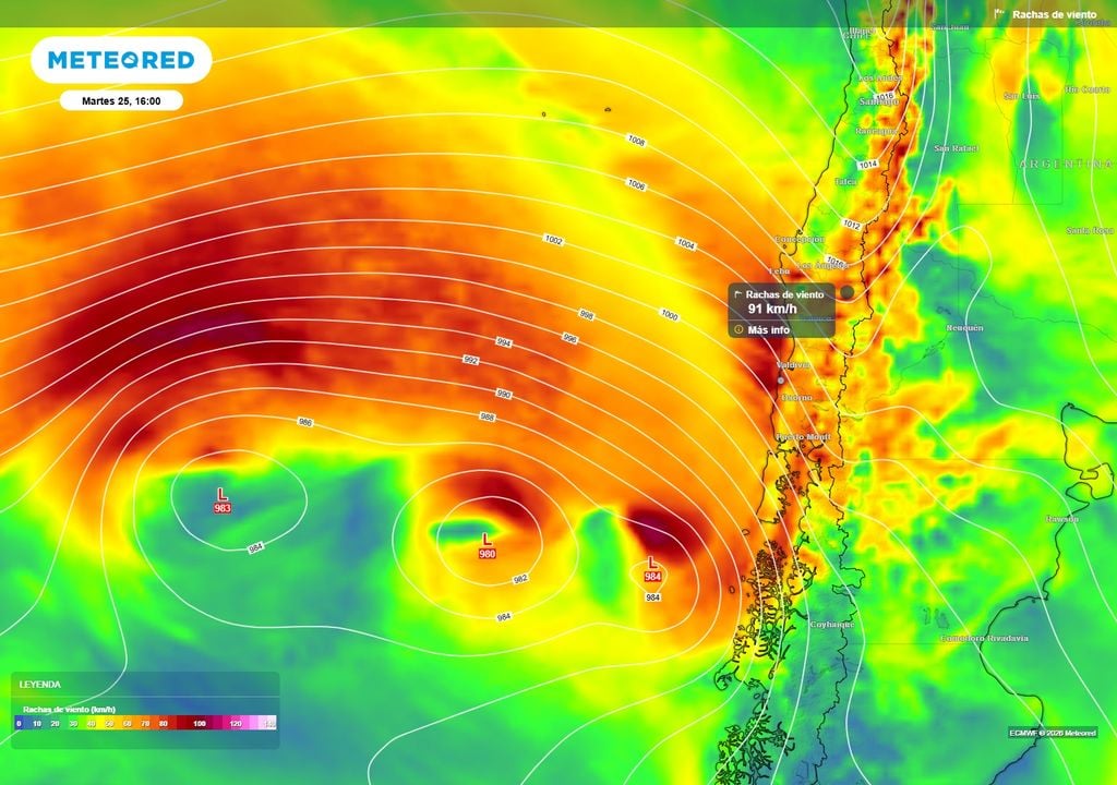 Rachas de viento previstas Un fuerte temporal de viento se desatará este martes en el Sur de Chile.