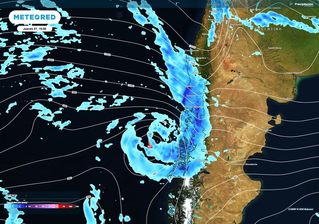 lluvias previstas Una nueva banda frontal llegará el jueves a Chile para dejar más precipitaciones sobre el Sur del país.