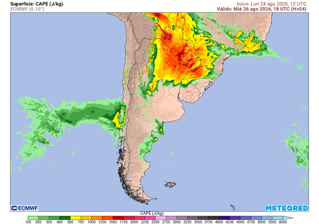 cape previsto El miércoles 26 habrá una alta posibilidad de fenómenos como granizadas, tormentas eléctricas intensas, vientos arrachados y probable desarrollo de nubes embudo en sectores del centro y sur de Chile.