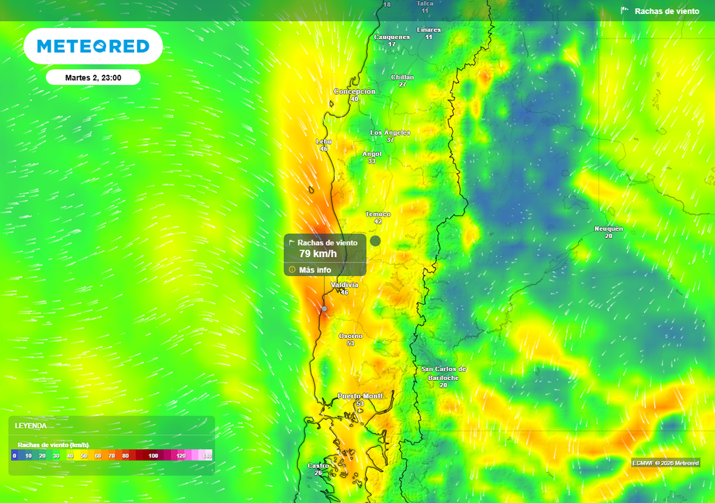 Dos sistemas frontales para esta semana en Chile centro-sur Rachas de viento (km/h) para la noche del martes (02) en Chile centro-sur.