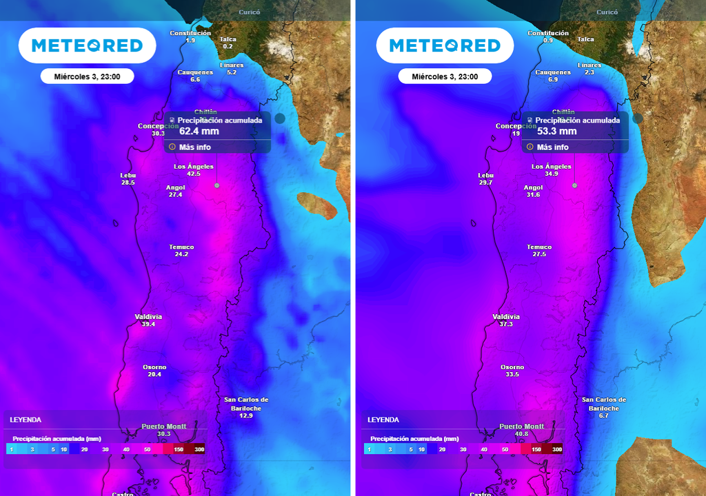 Dos sistemas frontales para esta semana en Chile centro-sur Precipitación acumulada (mm) hasta la noche del miércoles (03) en Chile centro-sur.