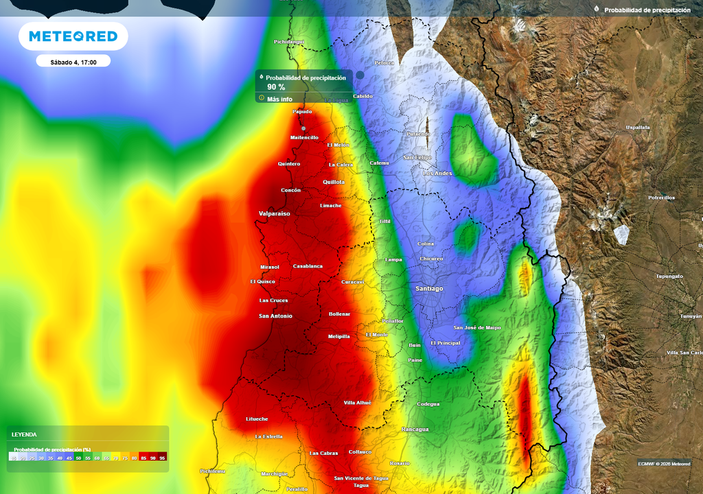 mapa de probabilidad de precipitación. Alta probabilidad de precipitación se concentra sobre el litoral central este sábado, con Valparaíso y San Antonio entre las zonas más expuestas al evento.