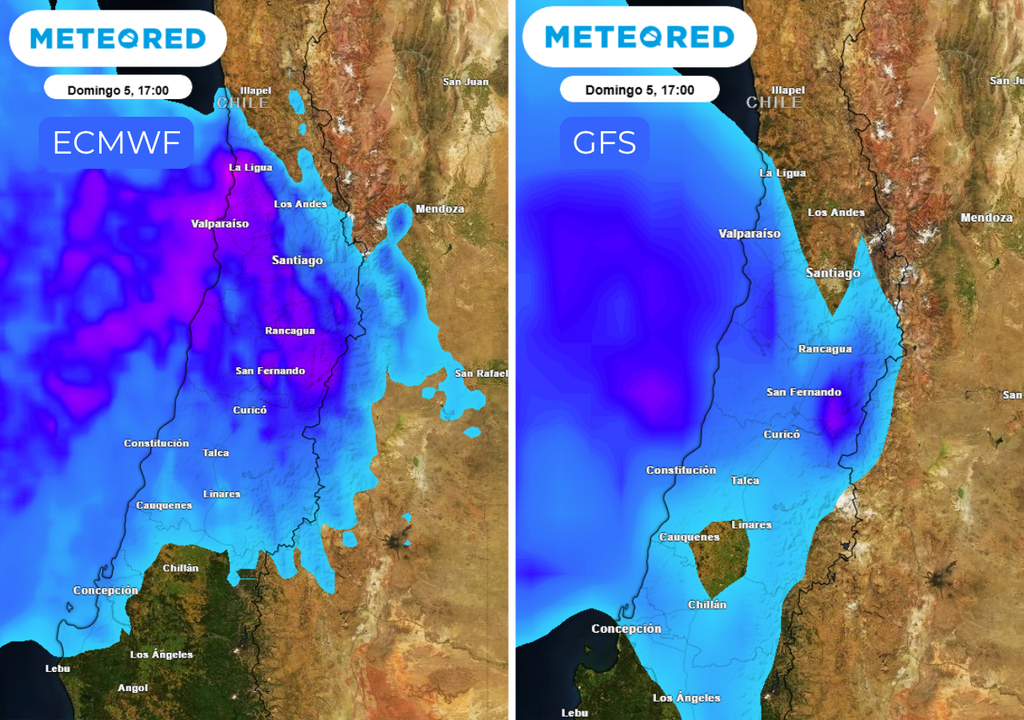 Los modelos discrepan en los montos de lluvia: el GFS proyecta un evento más débil, mientras el ECMWF muestra mayor inestabilidad y precipitaciones más intensas.