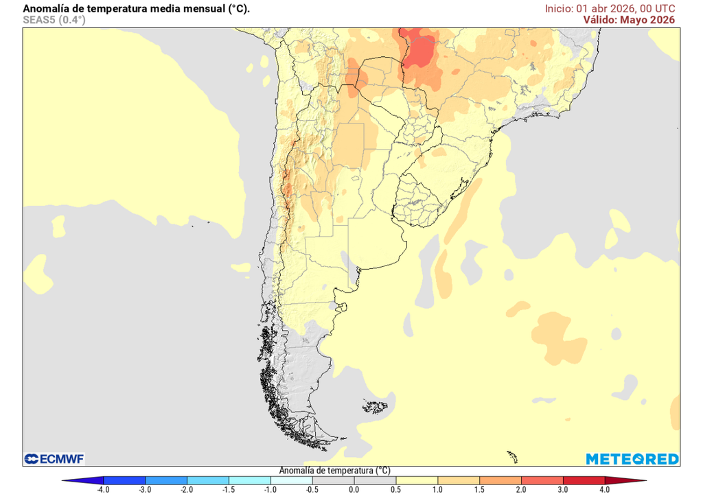 Anomalía mensual de temperatura (°C) para mayo 2026. Sobre los valores climatológicos normales (tonos rojo), bajo los valores climatológicos normales (tonos azul) y en torno a los valores climatológicos normales (color gris).