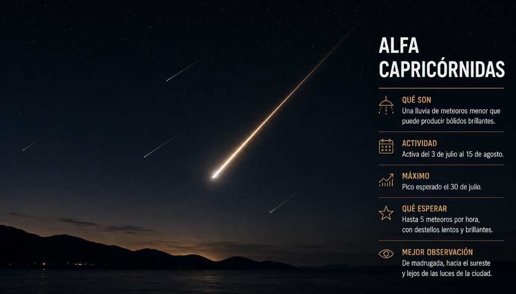 Infografía con los datos más importantes para disfrutar de la lluvia de meteoros de las Alfa Capricórnidas.