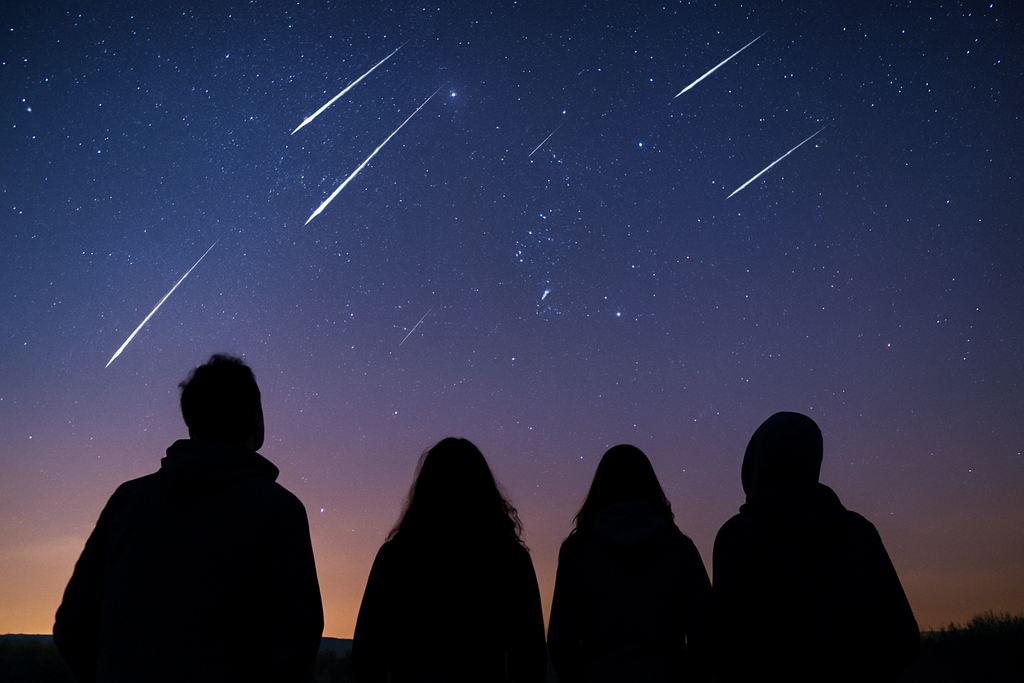 Cuatro personas observan el espectáculo celestial de la lluvia de meteoros Eta Acuáridas.