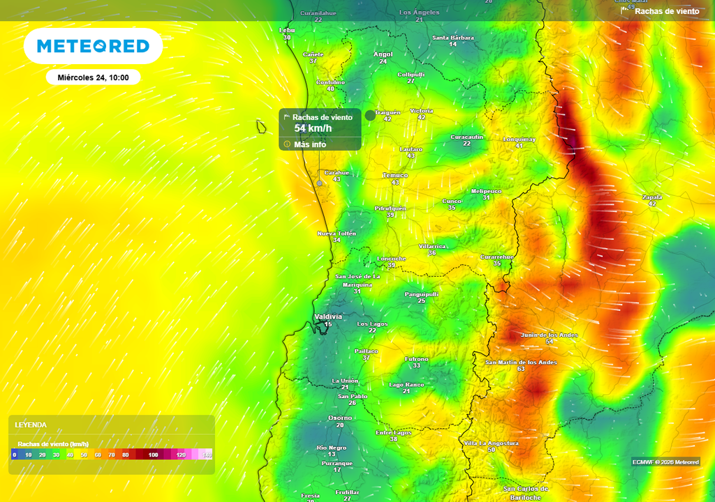 Sistema frontal visitará con rachas de viento de 50 km/h a Chile centro-sur durante San Juan Rachas de viento (km/h) para la mañana del miércoles (24) en las regiones de La Araucanía y Los Ríos.