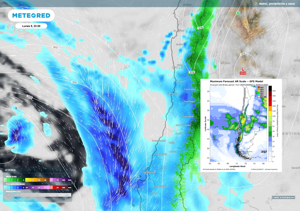 El sistema frontal avanzará hacia la zona central, acompañado por un río atmosférico 1 a 3.