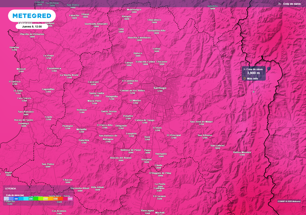 La cota de nieve se mantendría elevada durante el jueves y viernes, con valores cercanos a los 4.000 metros en la cordillera de la zona central, favoreciendo lluvia en sectores de altura donde normalmente podría caer nieve.