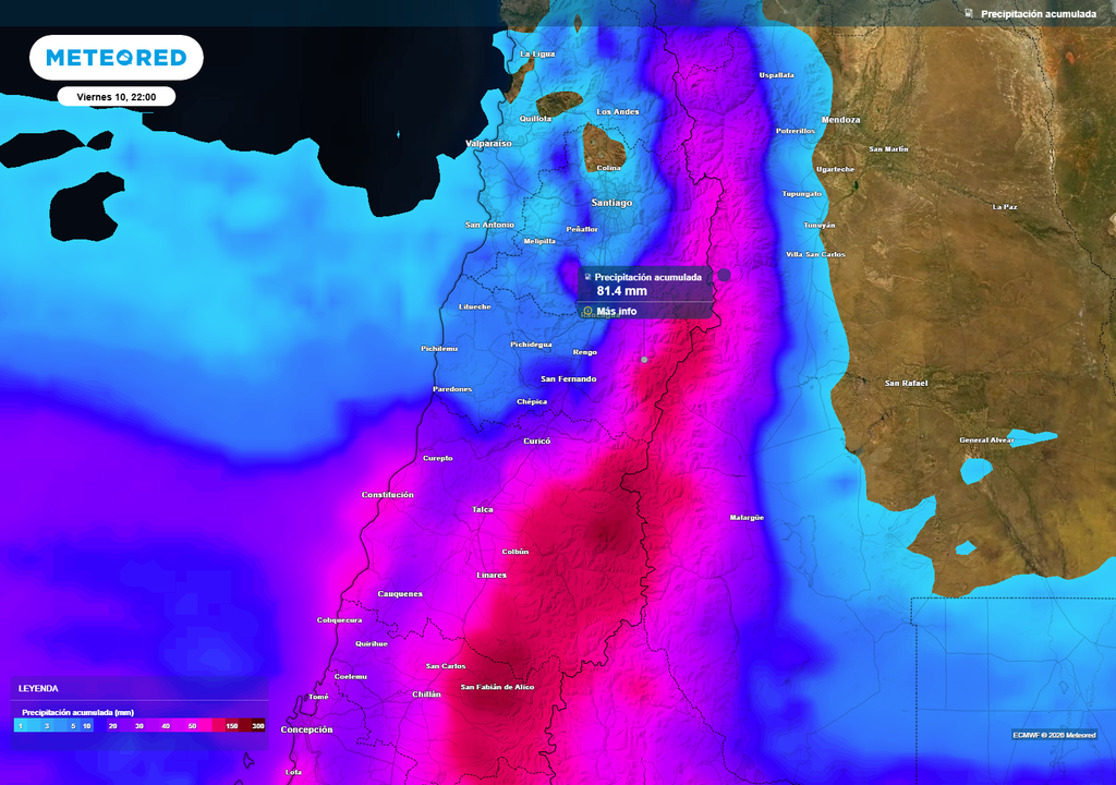 La precipitación acumulada proyectada entre jueves y viernes muestra los mayores montos concentrados en cordillera y precordillera de la zona central, con sectores que podrían superar los 80 mm.