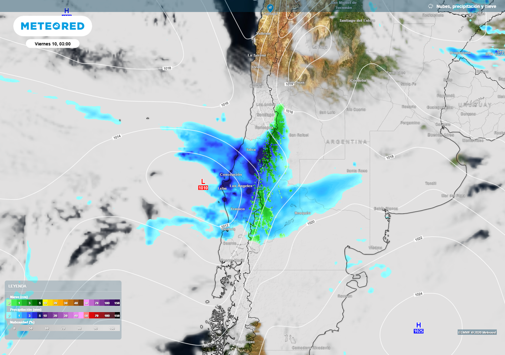 Ingreso de un sistema frontal cálido favorecerá nuevas precipitaciones entre el centro-sur y sur de Chile, con nubosidad abundante y lluvia en cordillera, precordillera y sectores interiores durante el jueves y viernes.