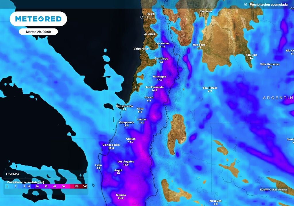 Las precipitaciones afectarán principalmente durante el día lunes en sectores interiores del centro-norte.
